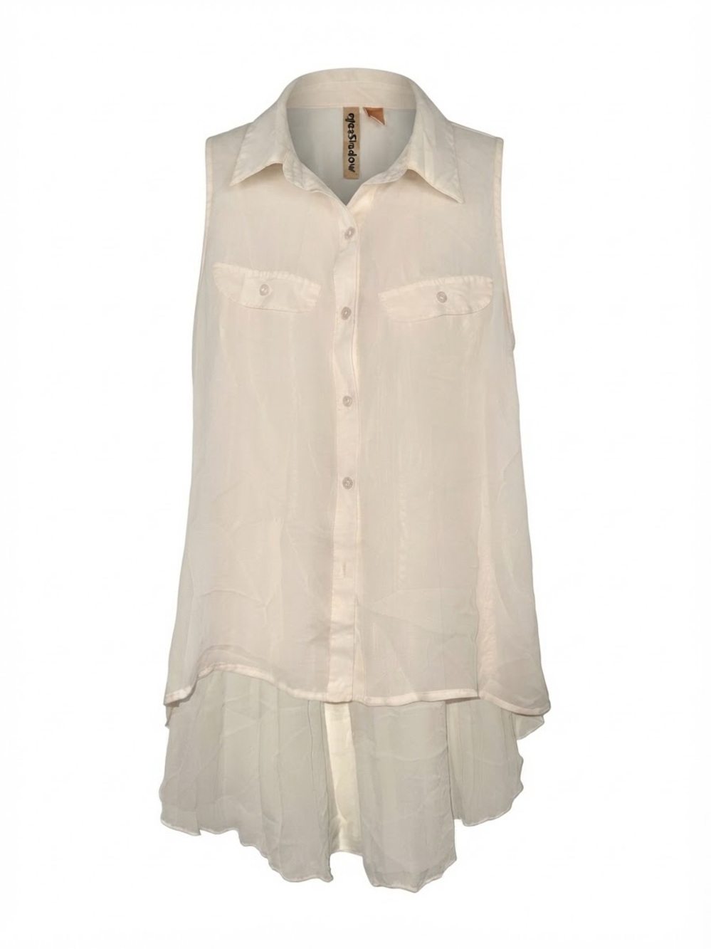 Eyeshadow Cream Sheer Sleeveless Button Down High-Low Blouse (Size M)